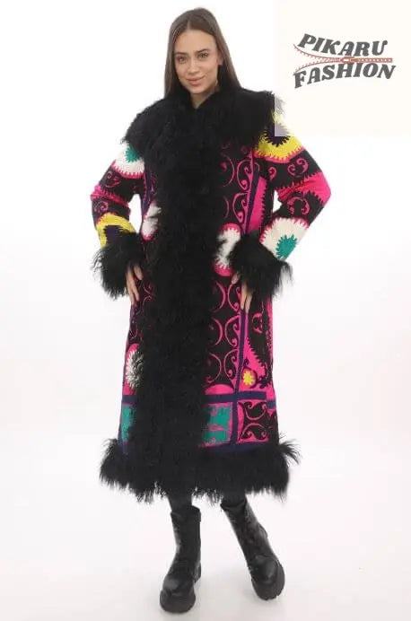 Black Suzani Embroidered Wool Coat with Black Mongolian Fur Trim