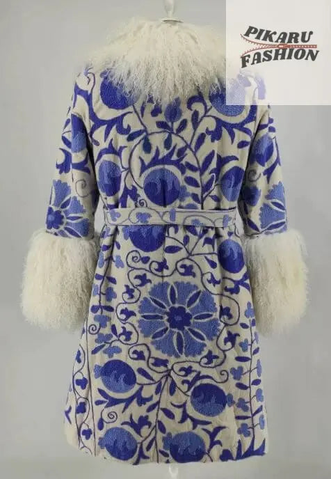 handcrafted suzani wool coat With Mongolian Fur Collar & Cuffs