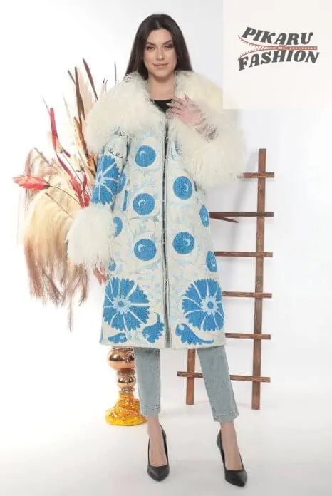 handcrafted suzani wool coat With Mongolian Fur Collar & Cuffs