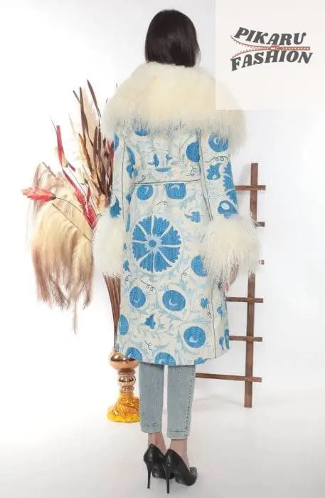 handcrafted suzani wool coat With Mongolian Fur Collar & Cuffs