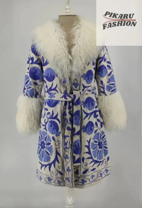 handcrafted suzani wool coat With Mongolian Fur Collar & Cuffs