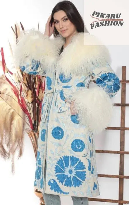 handcrafted suzani wool coat With Mongolian Fur Collar & Cuffs