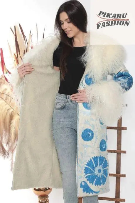 handcrafted suzani wool coat With Mongolian Fur Collar & Cuffs