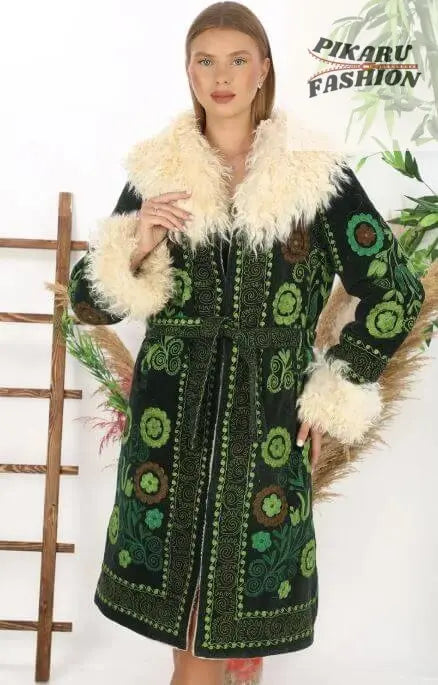 Green Embroidered Wool Coat with Mongolian Fur Collar & Cuffs