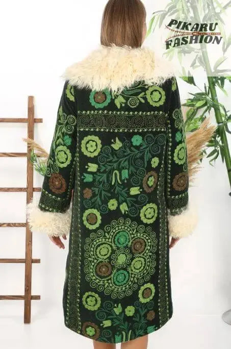 Green Embroidered Wool Coat with Mongolian Fur Collar & Cuffs
