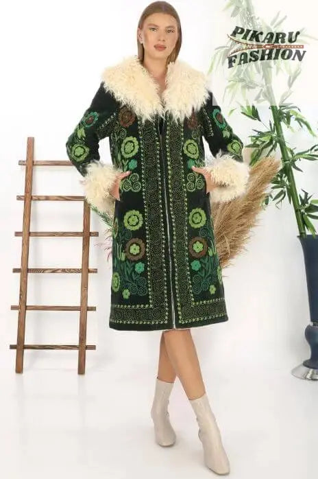 Green Embroidered Wool Coat with Mongolian Fur Collar & Cuffs