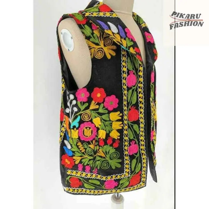 Handcrafted Multicolor Floral Embroidered Velvet Vest - PIKARU FASHION