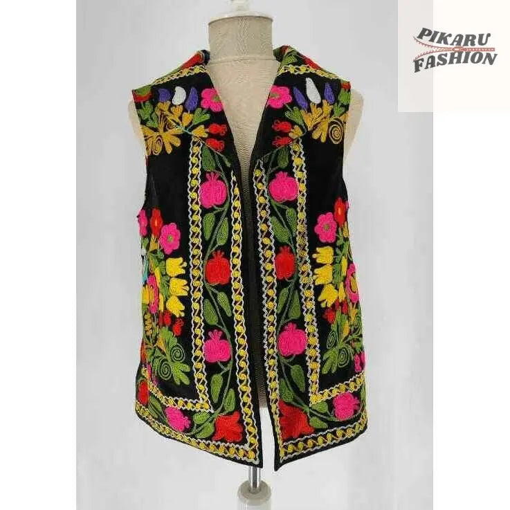 Handcrafted Multicolor Floral Embroidered Velvet Vest - PIKARU FASHION