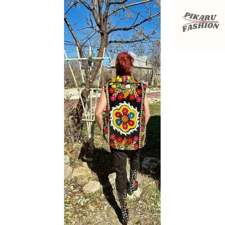 Handcrafted Multicolor Floral Embroidered Velvet Vest - PIKARU FASHION