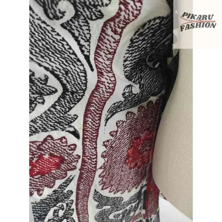 Uzbek Suzani Embroidered Long Coat – Red, Black & White - PIKARU FASHION