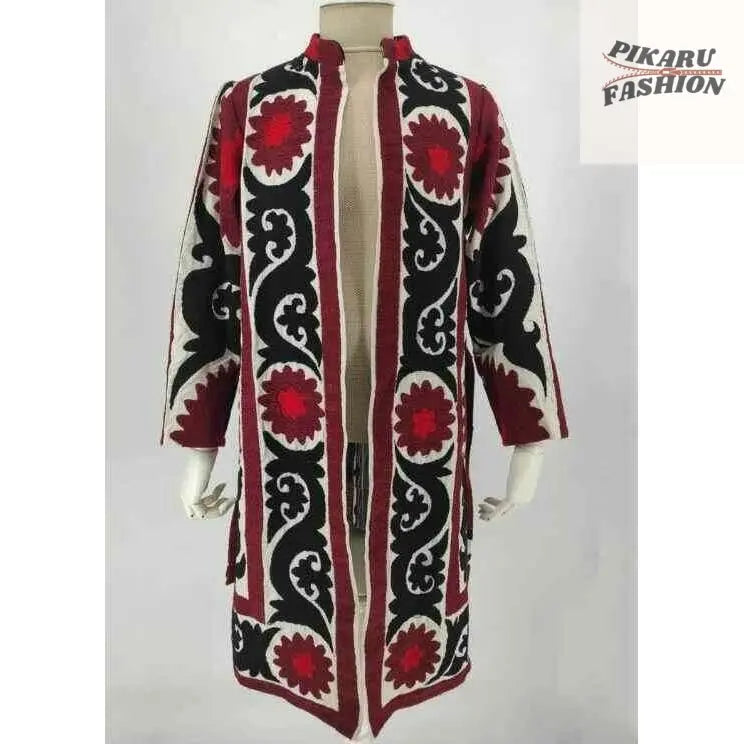 Uzbek Suzani Embroidered Long Coat – Red, Black & White - PIKARU FASHION