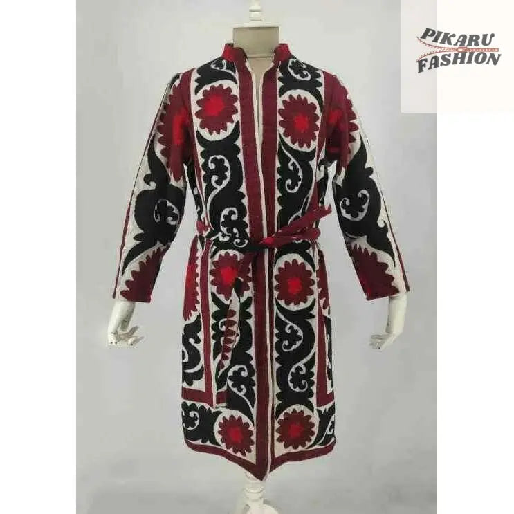 Uzbek Suzani Embroidered Long Coat – Red, Black & White - PIKARU FASHION