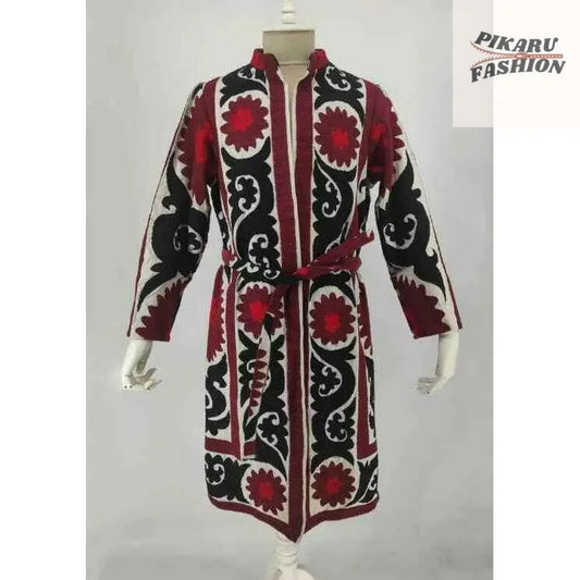 Uzbek Suzani Embroidered Long Coat – Red, Black & White - PIKARU FASHION