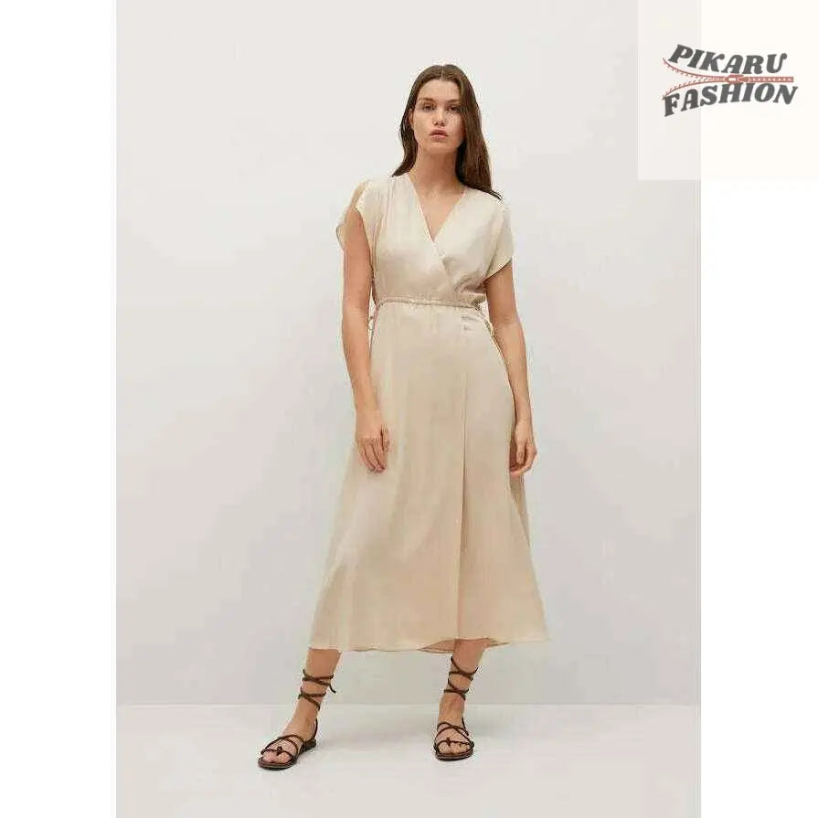 Elegant Beige Wrap Midi Dress