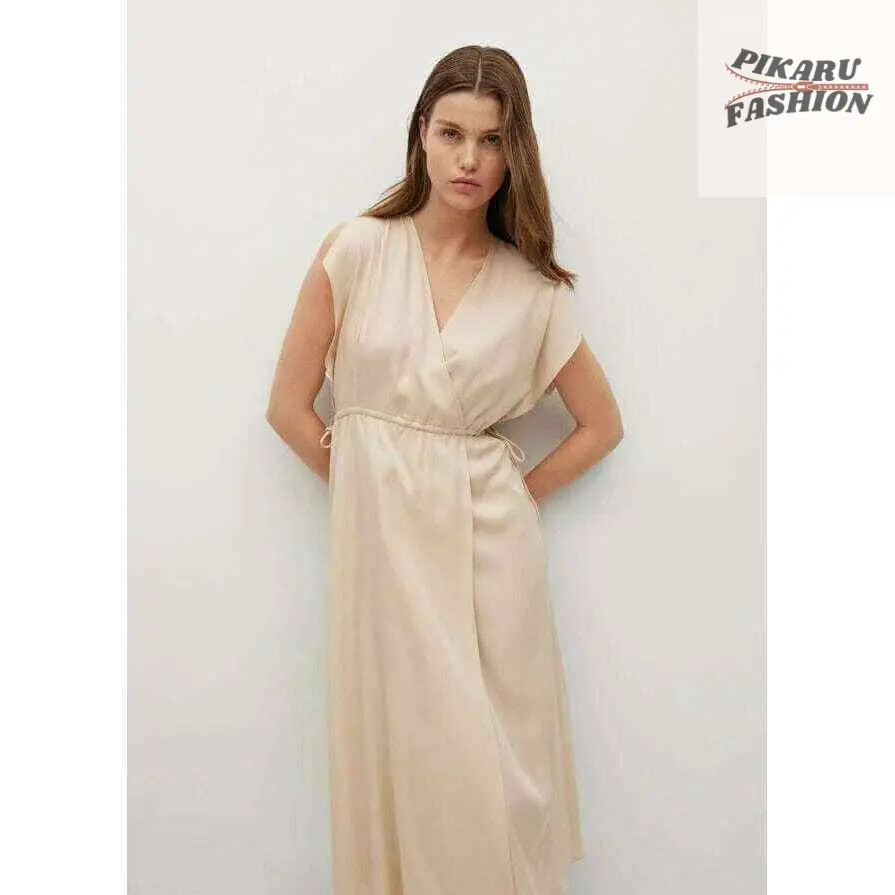 Elegant Beige Wrap Midi Dress
