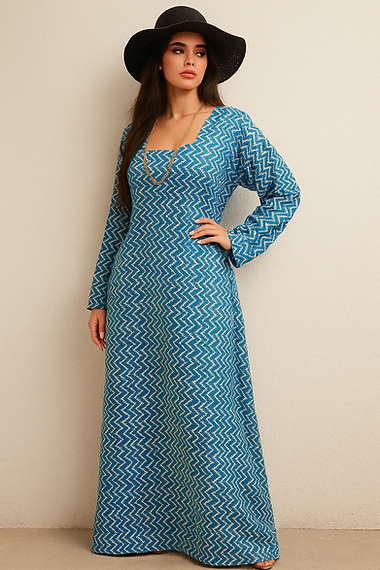 Blue Zigzag Printed Kaftan Dress – Long Sleeve, Loose Fit, Resort Wear