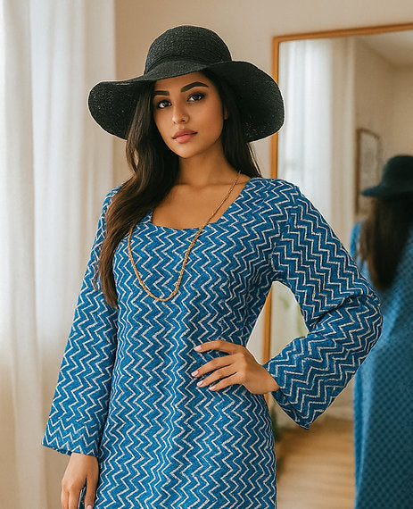 Blue Zigzag Printed Kaftan Dress – Long Sleeve, Loose Fit, Resort Wear