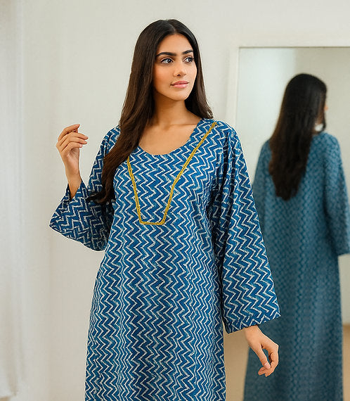 Blue Zigzag Printed Kaftan Dress – Long Sleeve, Loose Fit, Resort Wear