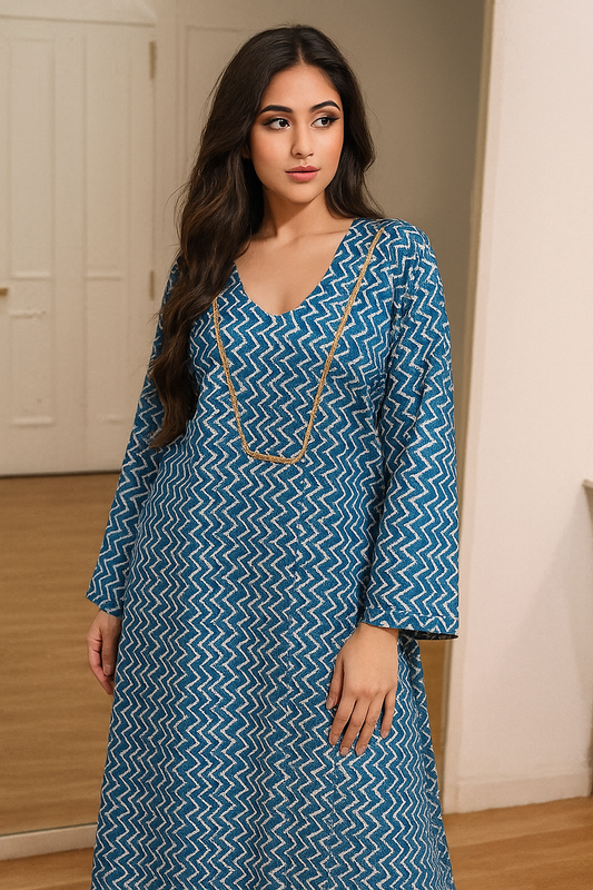 Blue Zigzag Printed Kaftan Dress – Long Sleeve, Loose Fit, Resort Wear