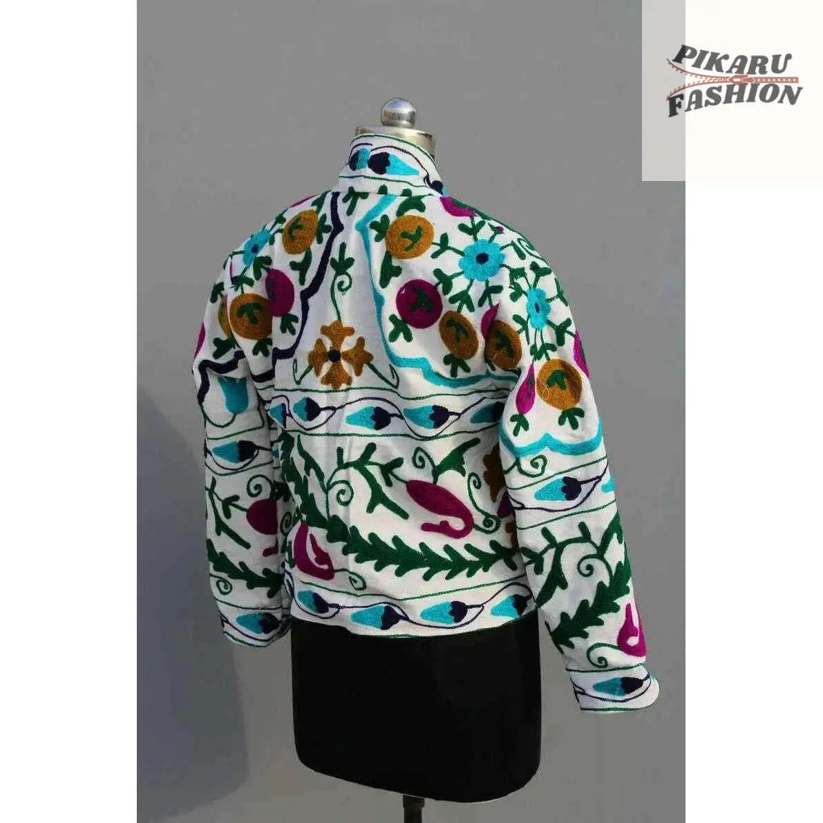 Handcrafted Kashmiri Suzani Embroidered Cotton Jacket – Multicolor Floral Boho Chic