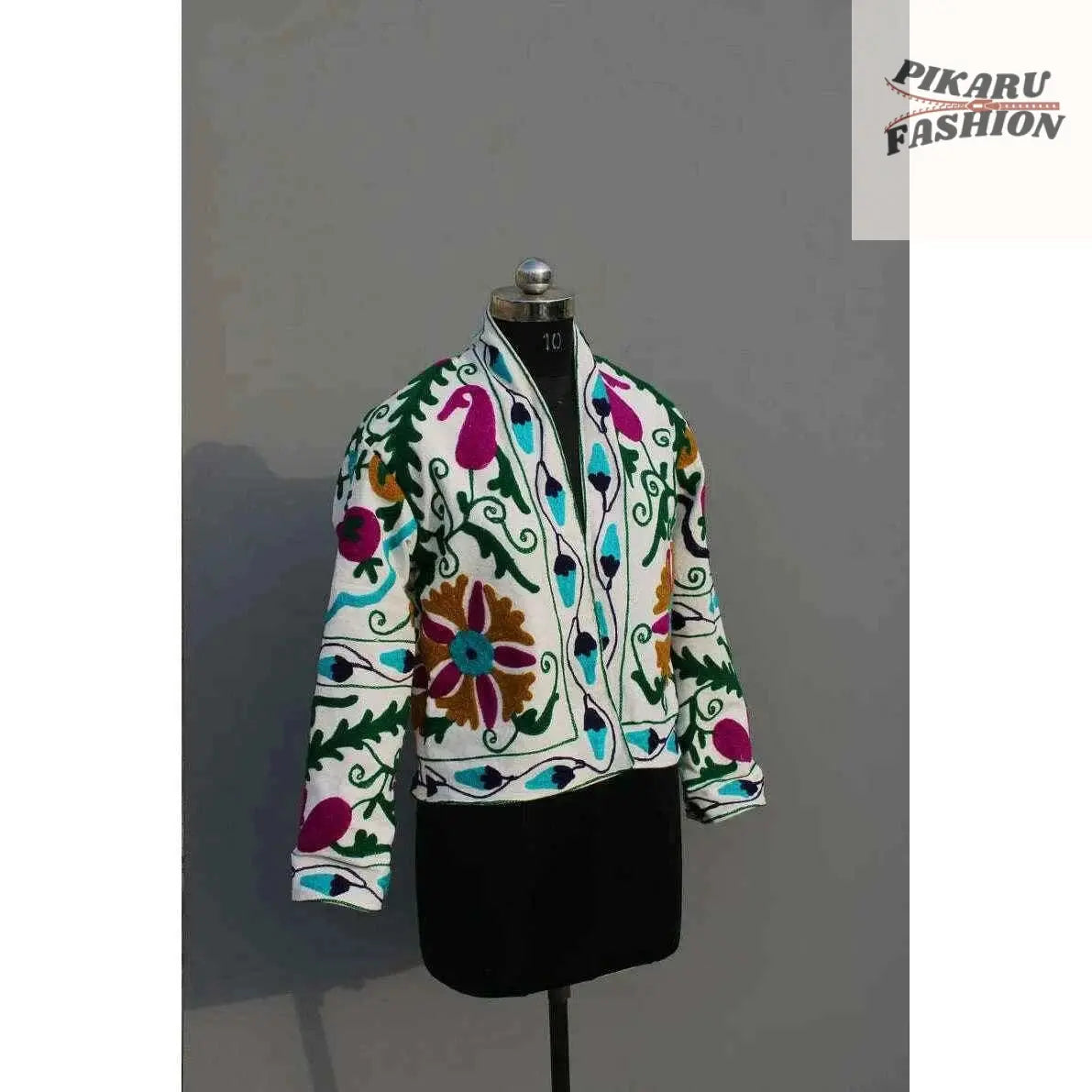 Handcrafted Kashmiri Suzani Embroidered Cotton Jacket – Multicolor Floral Boho Chic