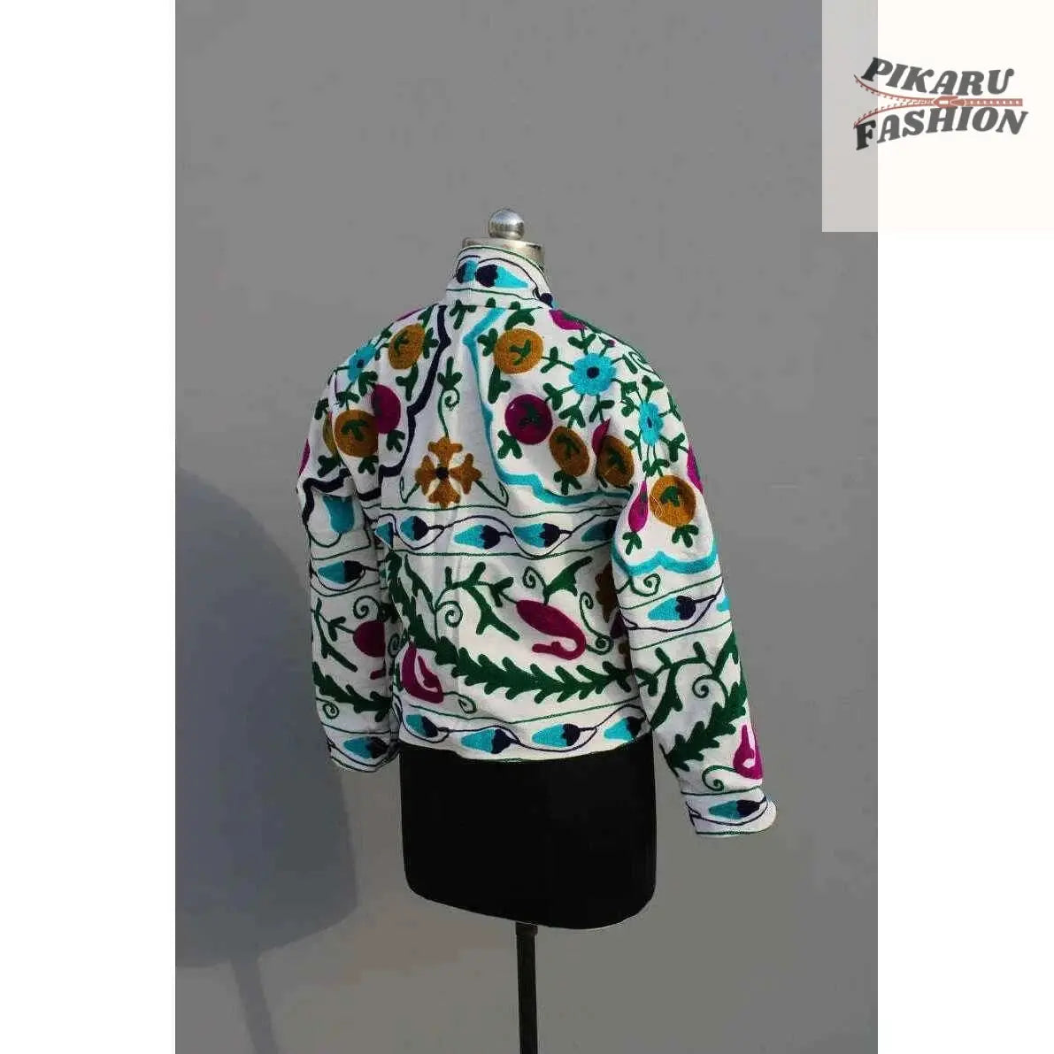 Handcrafted Kashmiri Suzani Embroidered Cotton Jacket – Multicolor Floral Boho Chic