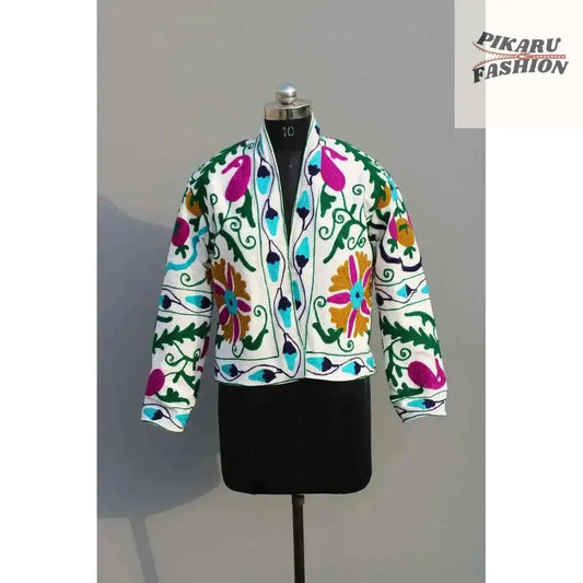 Handcrafted Kashmiri Suzani Embroidered Cotton Jacket – Multicolor Floral Boho Chic