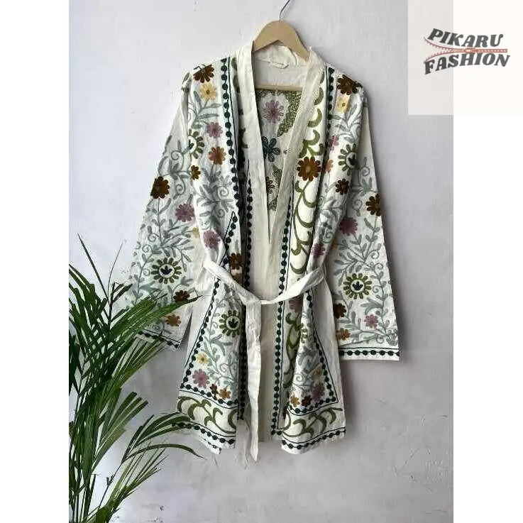 Handcrafted Kashmiri Embroidered Cotton Kimono Robe - PIKARU FASHION