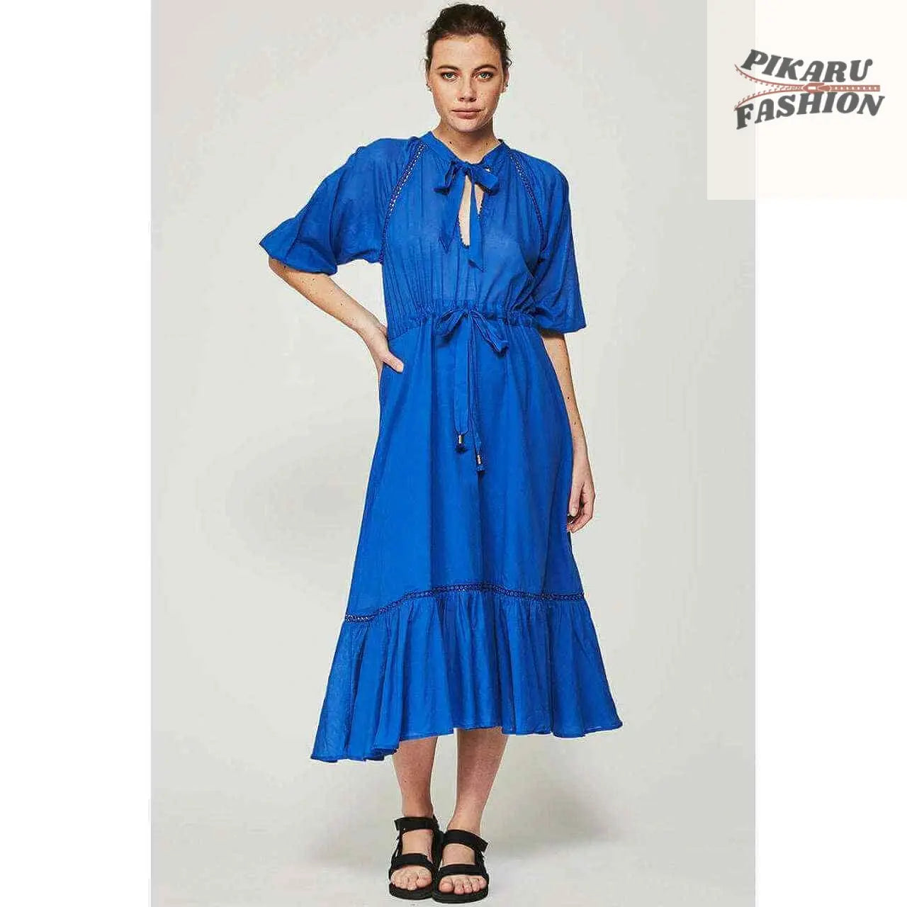 Elegant Royal Blue Tie-Neck Midi Dress