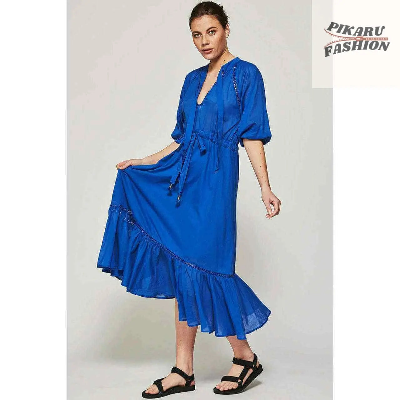 Elegant Royal Blue Tie-Neck Midi Dress