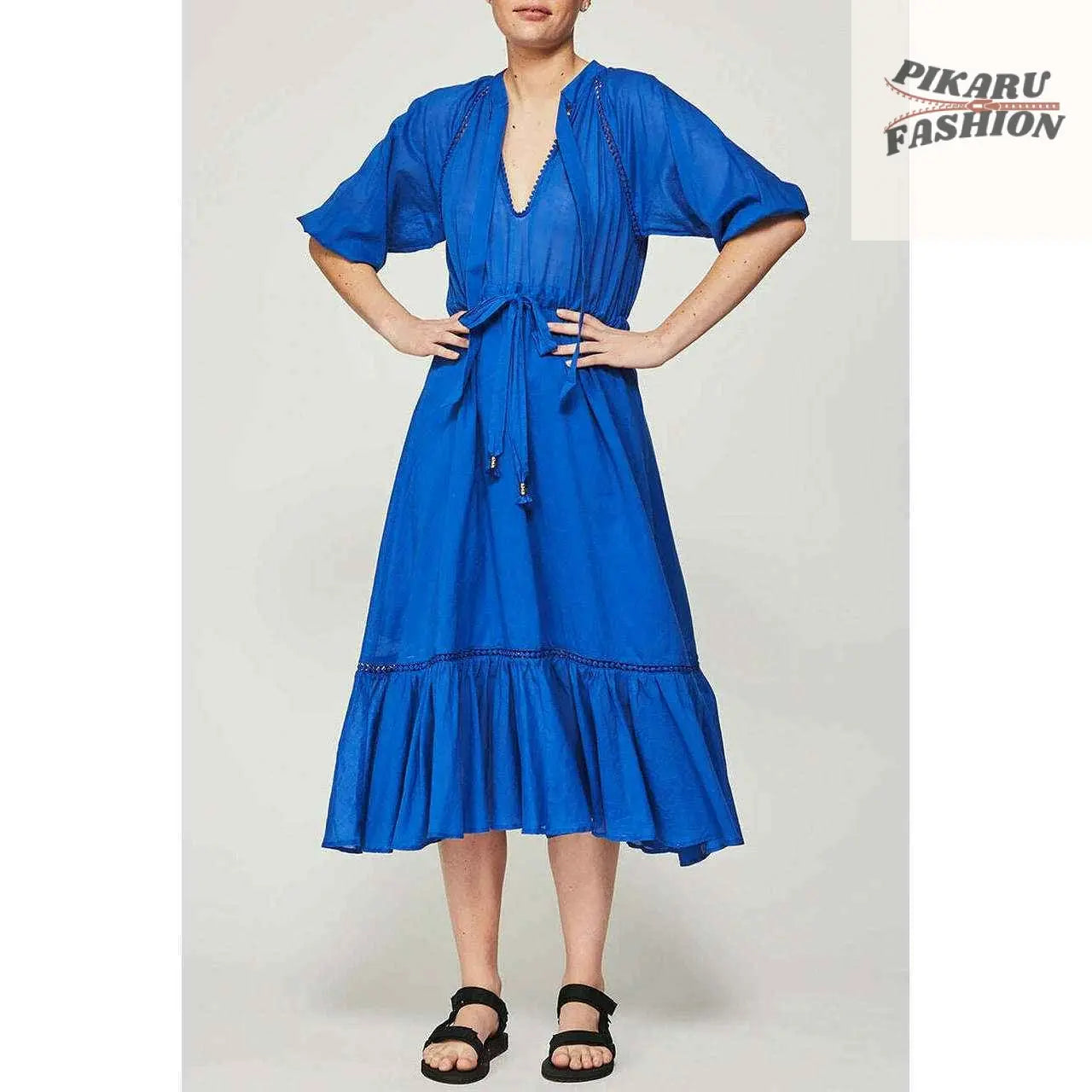Elegant Royal Blue Tie-Neck Midi Dress