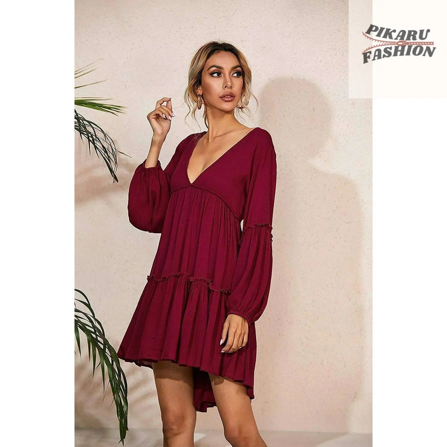 Boho Deep V-Neck Long Sleeve Mini Dress for Women - PIKARU FASHION