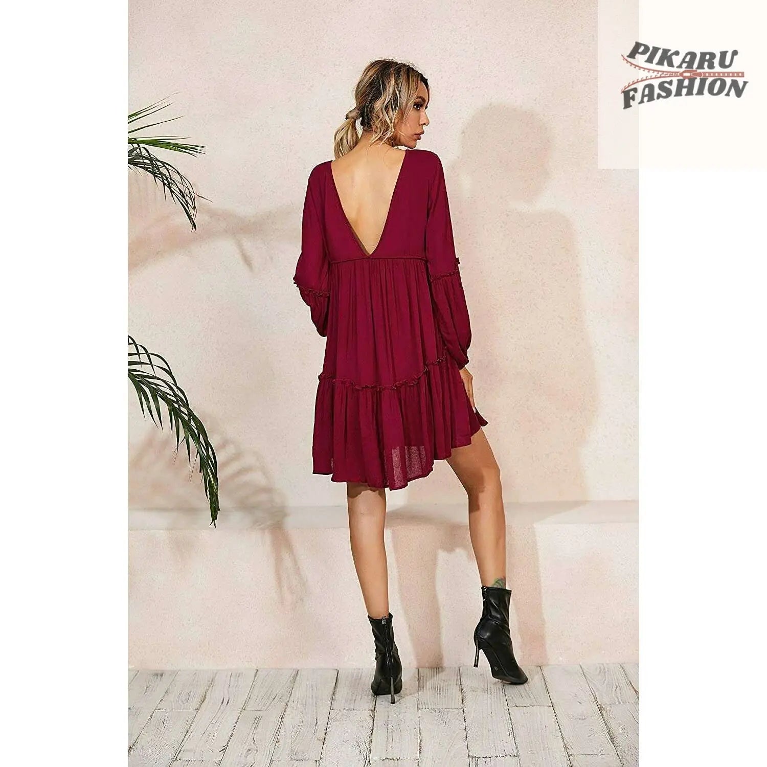 Boho Deep V-Neck Long Sleeve Mini Dress for Women - PIKARU FASHION