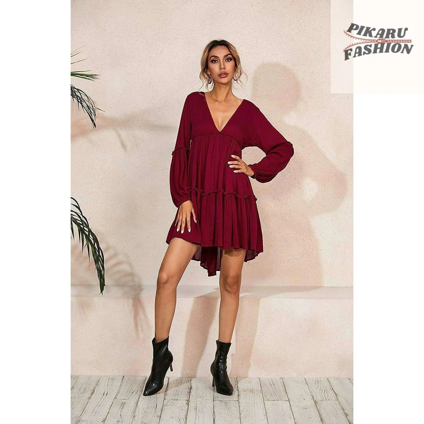 Boho Deep V-Neck Long Sleeve Mini Dress for Women - PIKARU FASHION