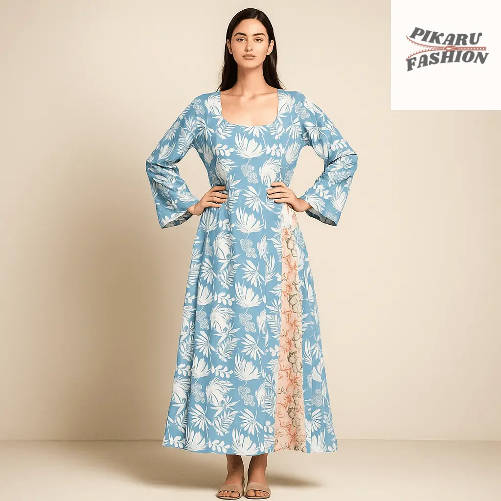 Blue Tropical Floral Maxi Kaftan Dress - PIKARU FASHION