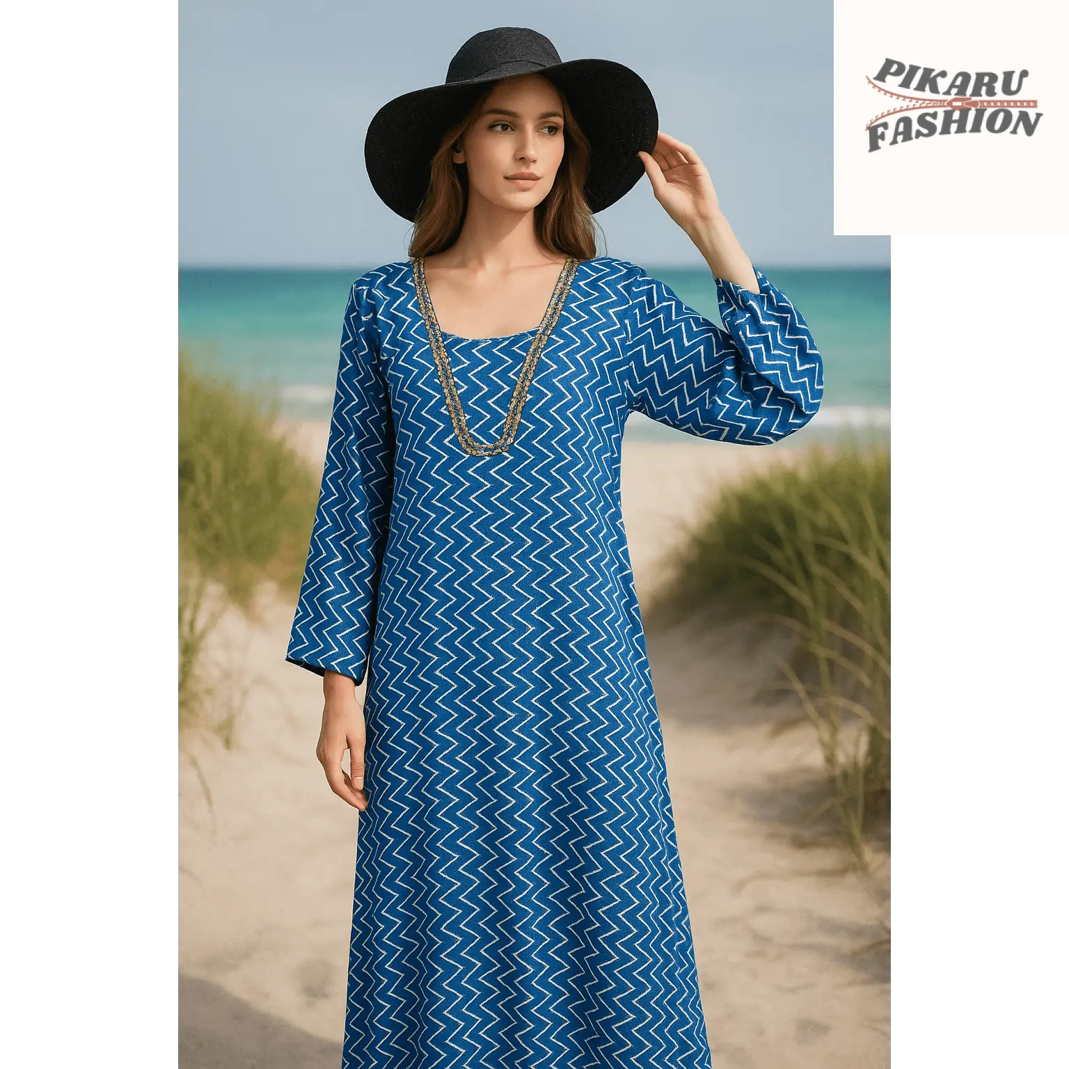 Blue Zigzag Handblock Printed Long Cotton Dress - PIKARU FASHION
