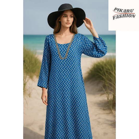 Blue Zigzag Handblock Printed Long Cotton Dress - PIKARU FASHION
