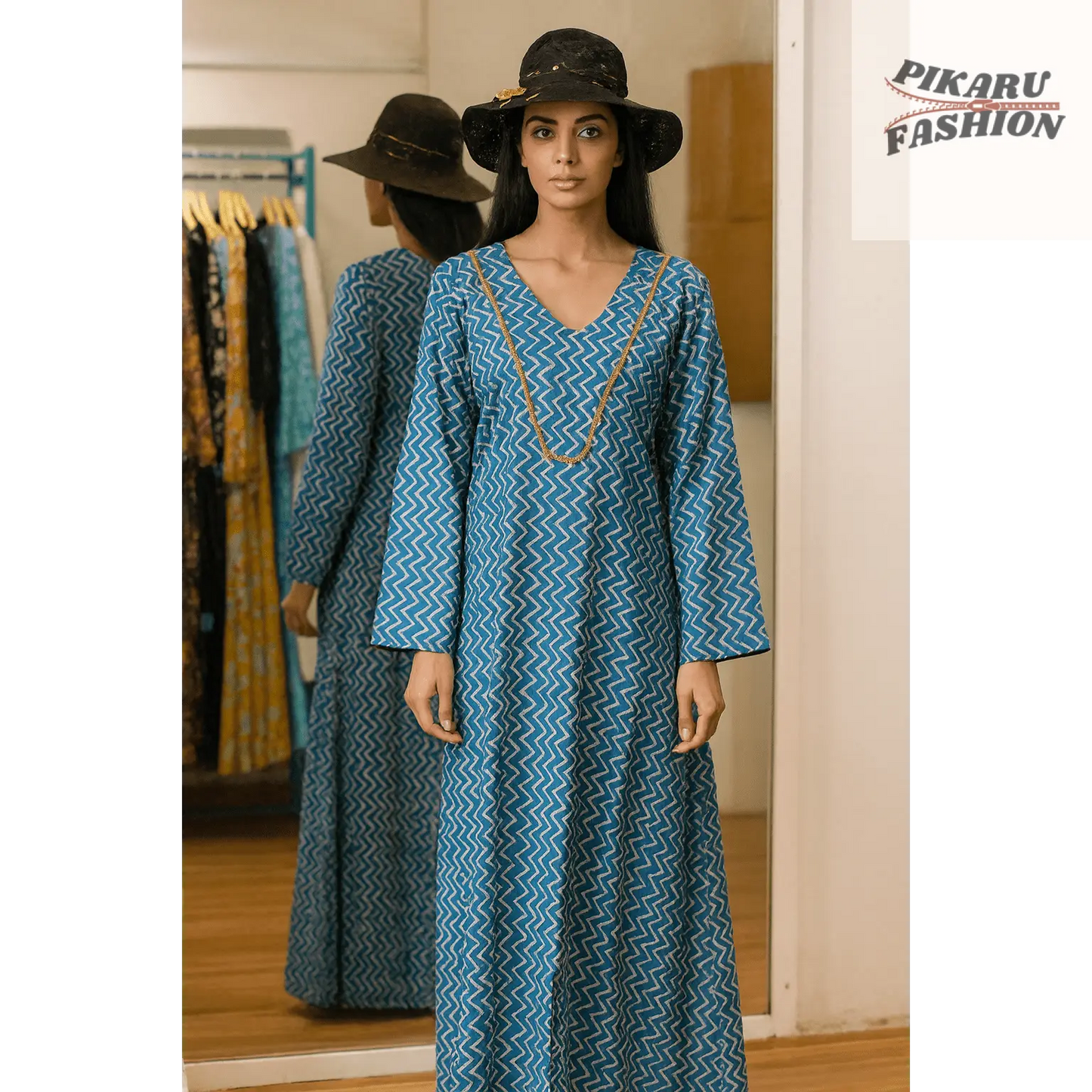 Blue Zigzag Handblock Printed Long Cotton Dress - PIKARU FASHION