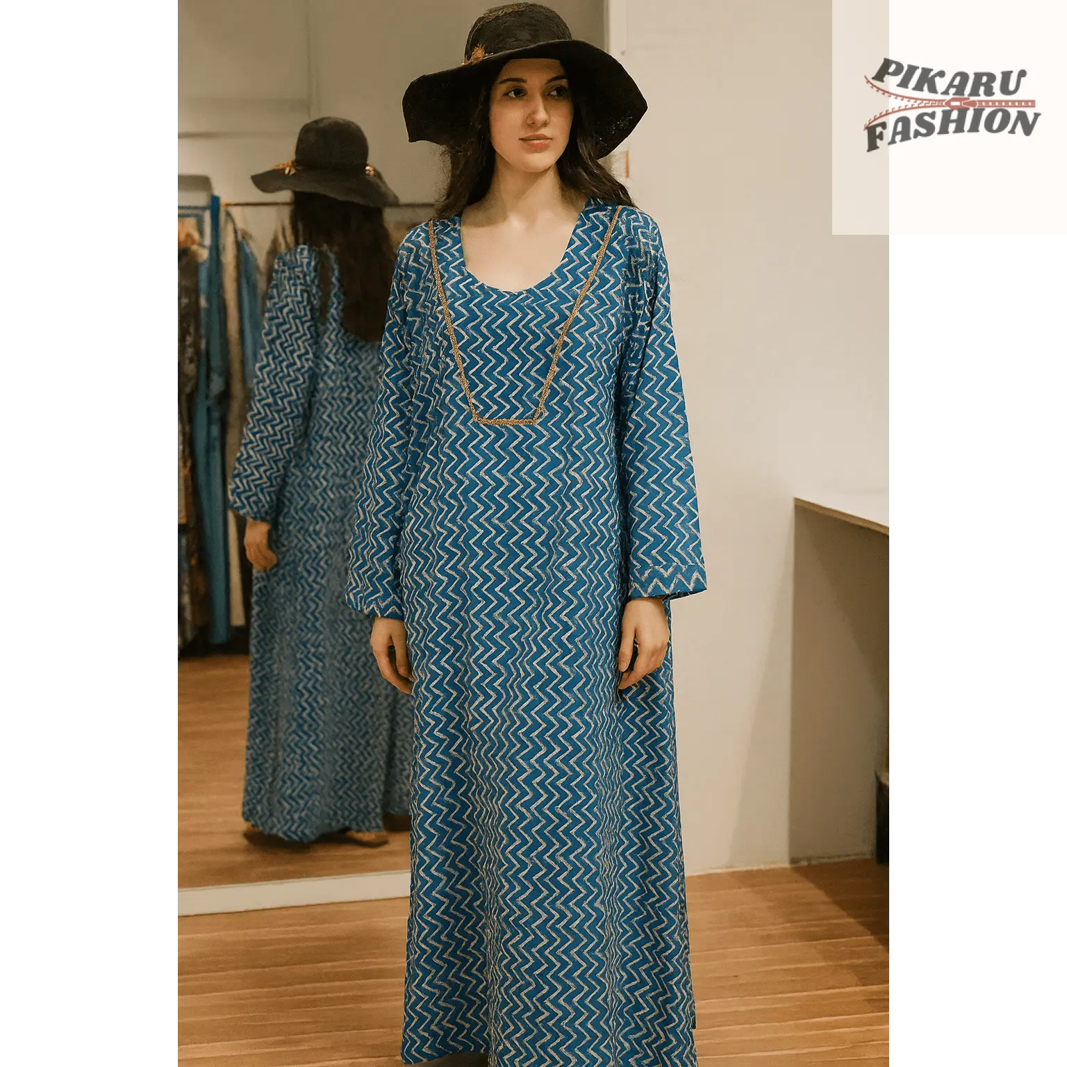 Blue Zigzag Handblock Printed Long Cotton Dress - PIKARU FASHION