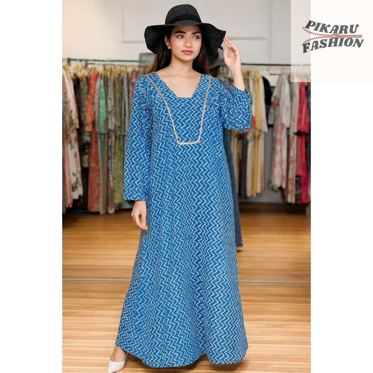 Blue Zigzag Handblock Printed Long Cotton Dress - PIKARU FASHION