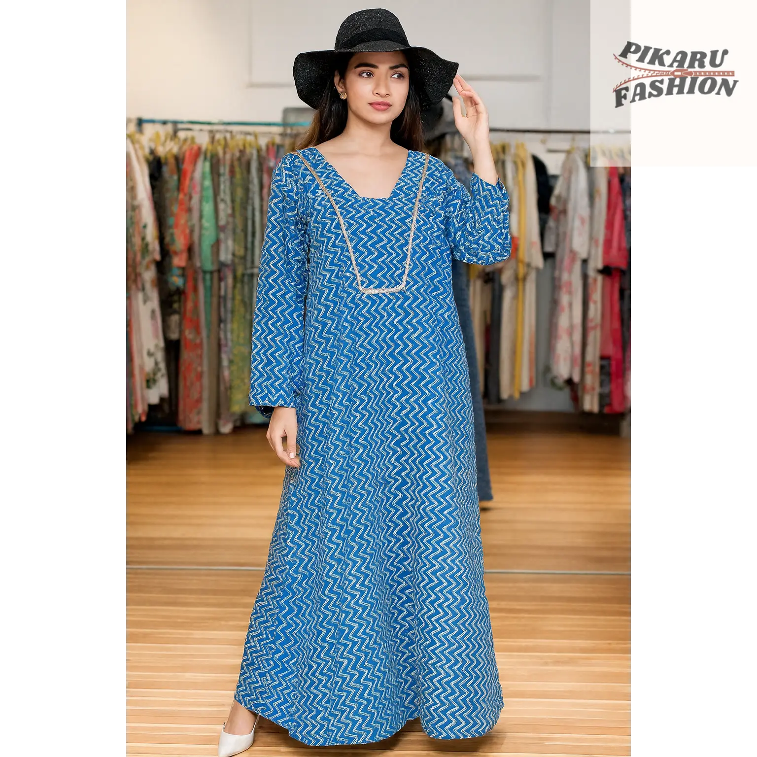 Blue Zigzag Handblock Printed Long Cotton Dress - PIKARU FASHION