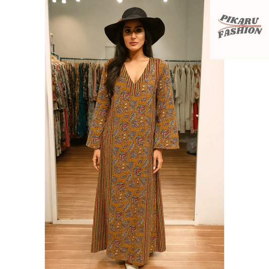 hand-block printed kaftan dress - PIKARU FASHION