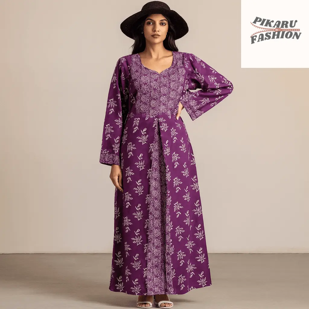 Purple Handblock Printed Long Dress - PIKARU FASHION