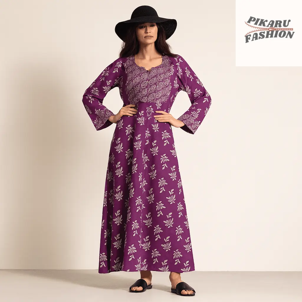 Purple Handblock Printed Long Dress - PIKARU FASHION