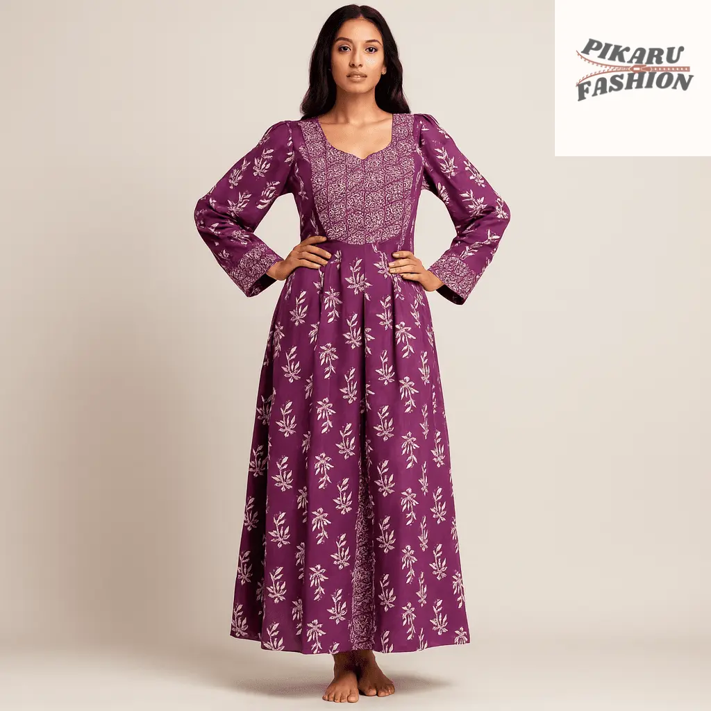 Purple Handblock Printed Long Dress - PIKARU FASHION