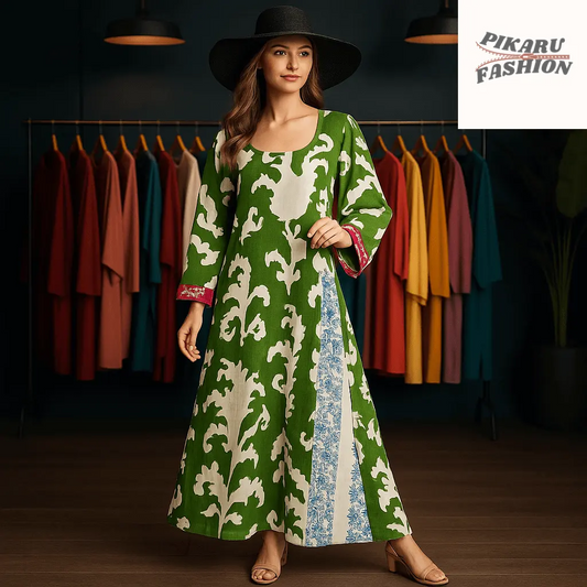 🌿 Elegant Green & White Printed Maxi Dress - PIKARU FASHION