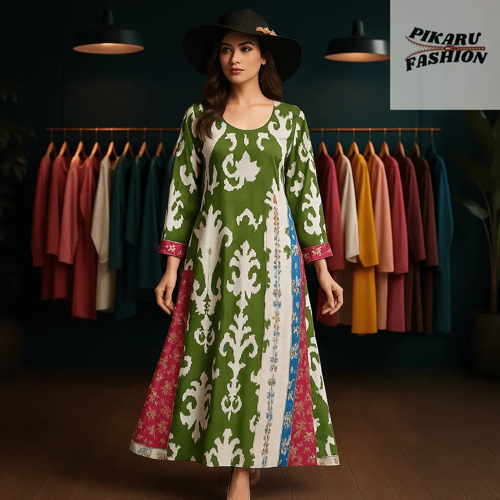 🌿 Elegant Green & White Printed Maxi Dress - PIKARU FASHION