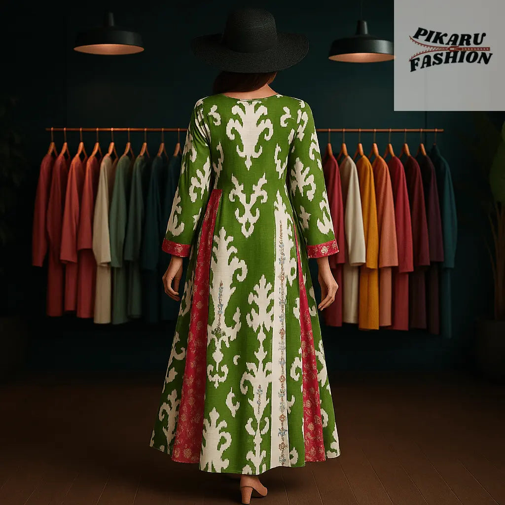 🌿 Elegant Green & White Printed Maxi Dress - PIKARU FASHION