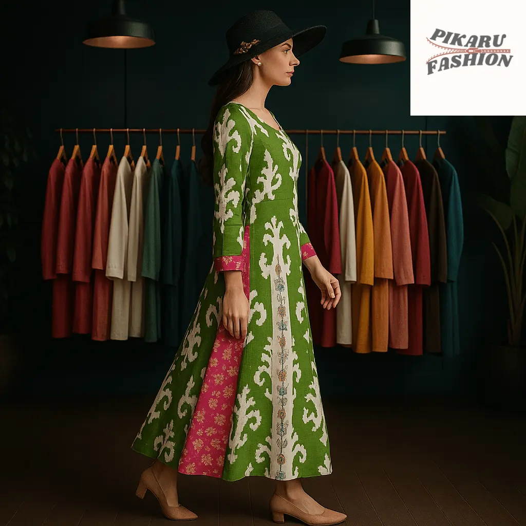 🌿 Elegant Green & White Printed Maxi Dress - PIKARU FASHION