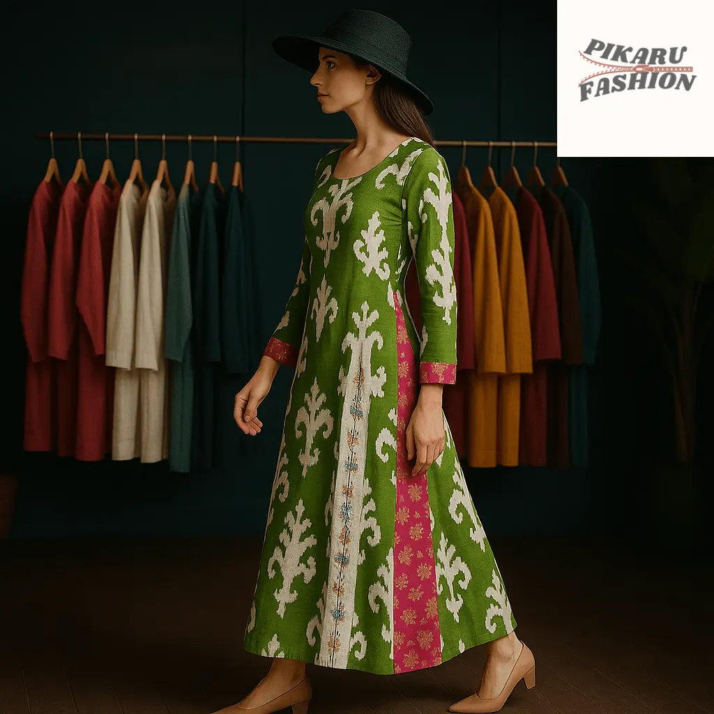 🌿 Elegant Green & White Printed Maxi Dress - PIKARU FASHION